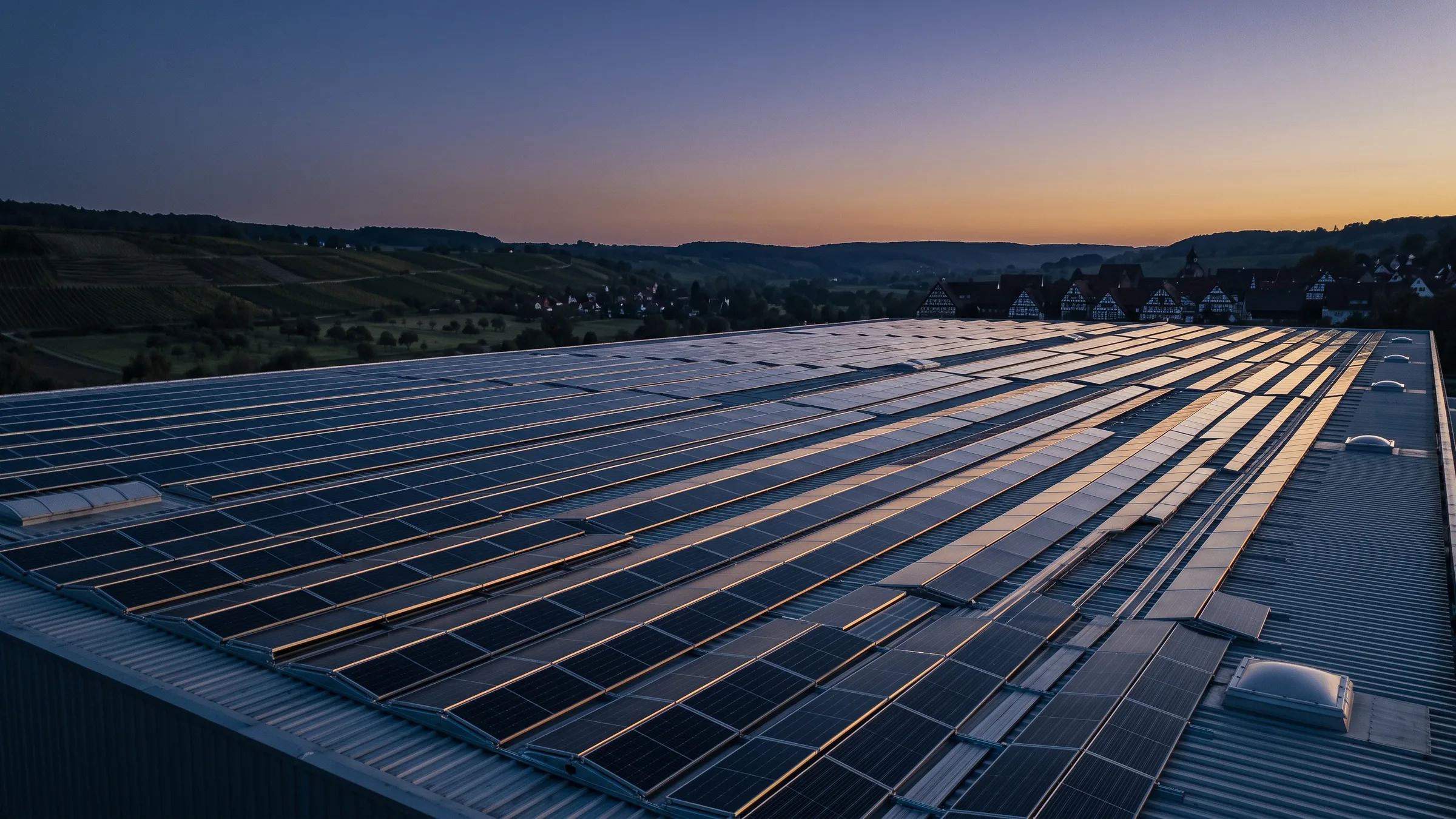 Photovoltaik-Dachanlage in der blauen Stunde aus der Luft