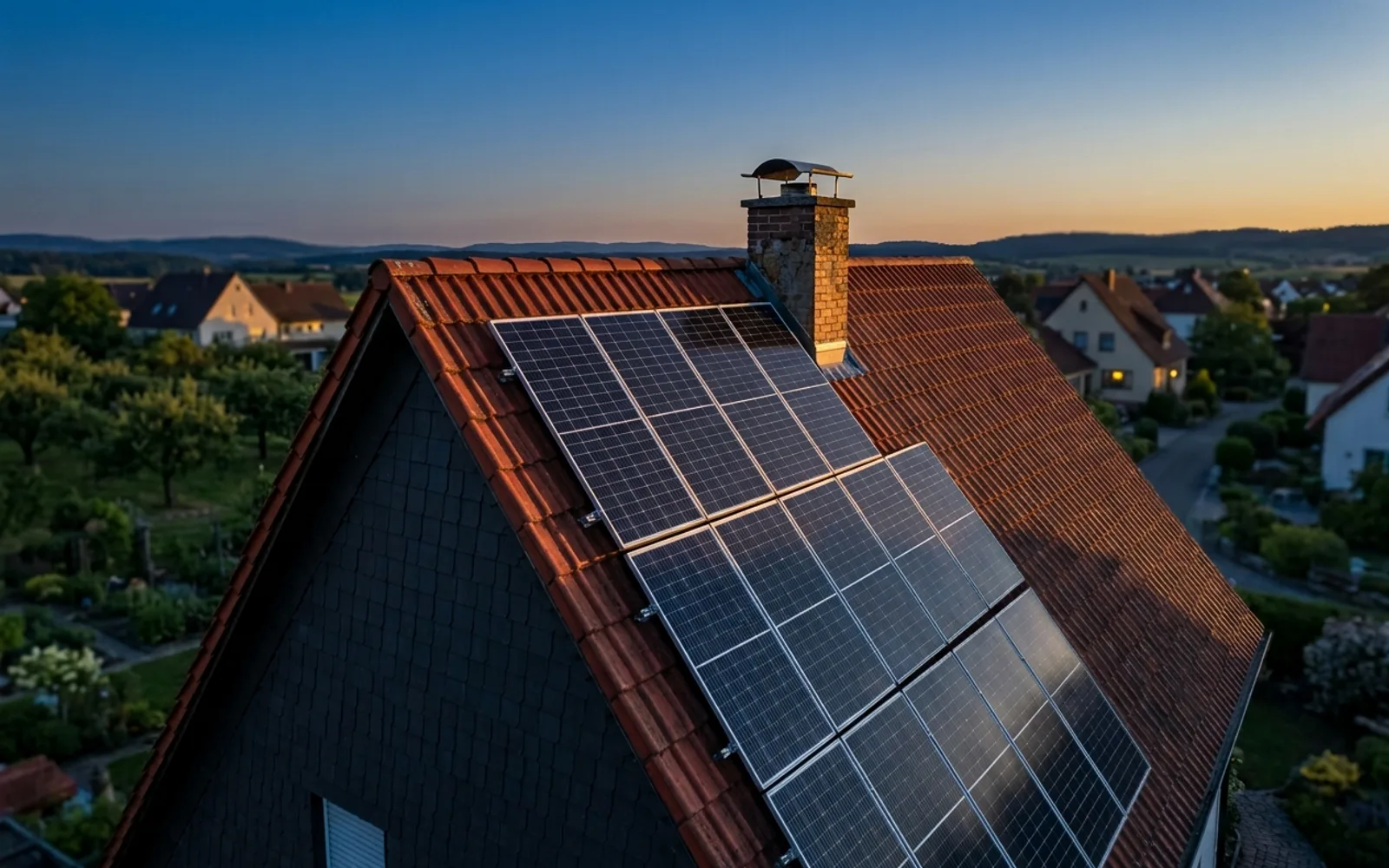 Wohnhaus mit Photovoltaik-Modulen auf dem Satteldach, Drohnenaufnahme in der Dämmerung