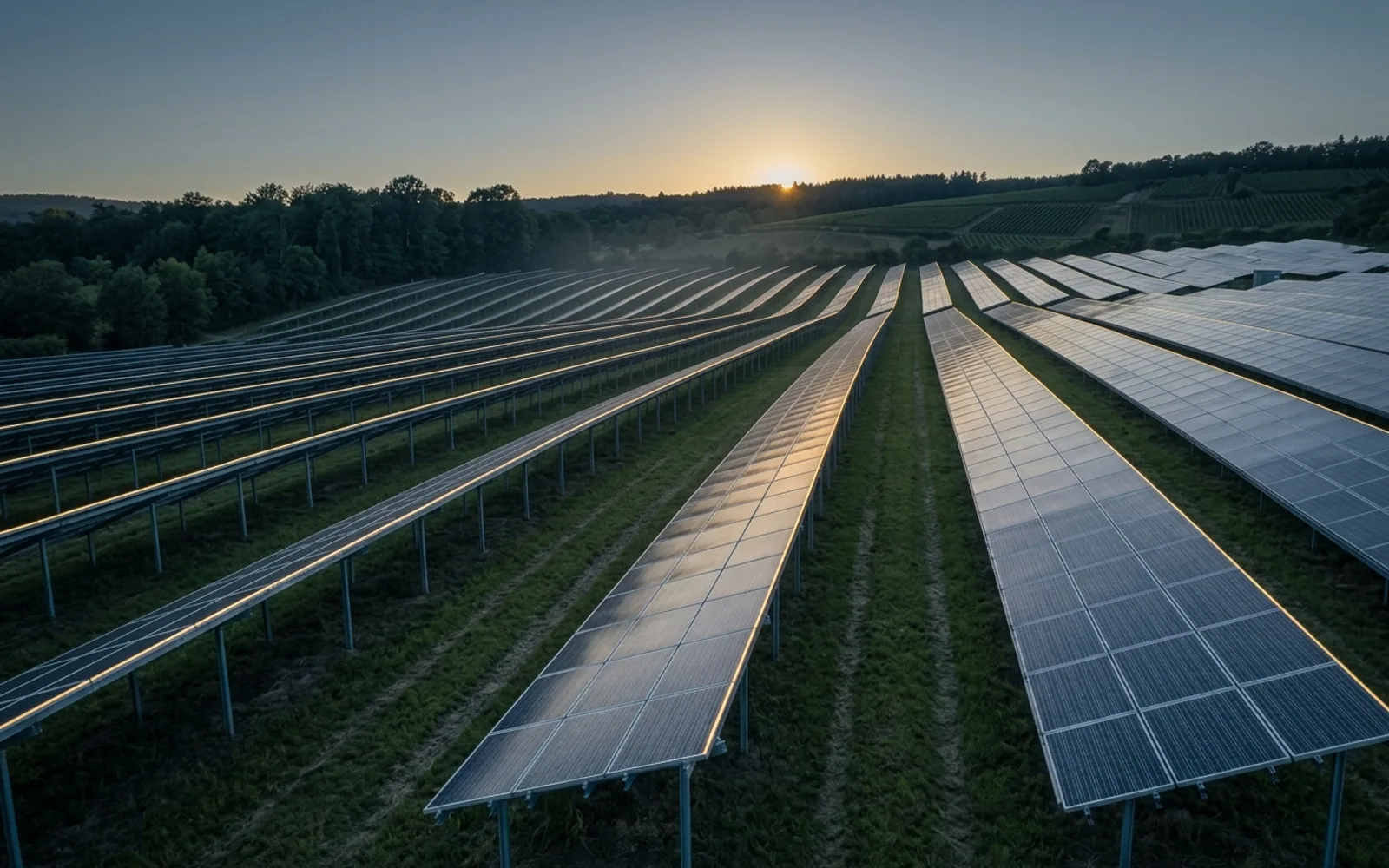 Freiflächen-Solarpark in der Dämmerung aus der Drohne aufgenommen