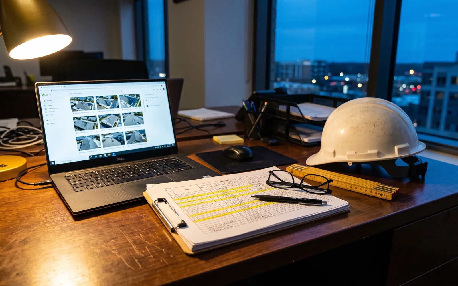 Schreibtisch eines Ingenieurs mit Laptop, gedrucktem Inspektionsbericht und Bauhelm